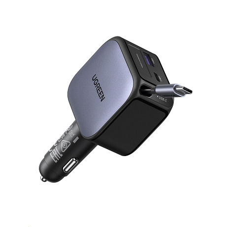 UGREEN rychlonabíječka do auta se zatahovacím kabelem 90W 3-Port, 2x USB-C,1x USB-A, GaN, stříbrná