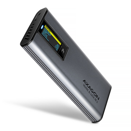 AXAGON EEM2-SD2, USB-C 10Gbps externí box s displejem pro M.2 NVMe/SATA SSD, bezšroubkový, stříbrný