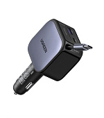 UGREEN rychlonabíječka do auta se zatahovacím kabelem 145W 3-Port, 2x USB-C,1x USB-A, GaN, stříbrná