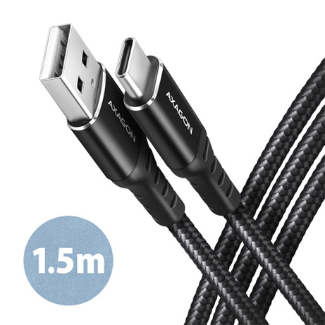 AXAGON BUCM-AM15AB, HQ kabel USB-C USB-A, 1.5m, USB 2.0, 3A, ALU, oplet, černý