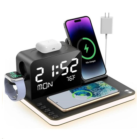 WG Multifunkční zařízení 7v1 (hodiny, datum, teplota, nabíječka telefon+hodinky+sluchátka)