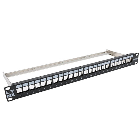 BAZAR - LYNX Patch panel, 19'', 24 portů, 1U, Cat5e/6/6A/7, neosazený, stíněný, vyvazovák, černý - POŠKOZENÝ OBAL