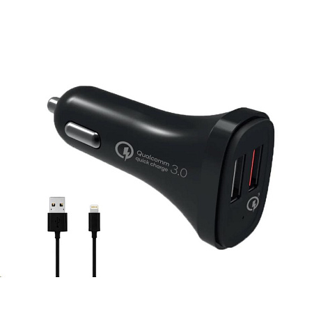 WG - Autonabíječka 2x USB-A, Quick Charge 3.0 5,4 A, + kabel USB-A na Lightning, černá