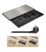 Solight vestavný blok zásuvek s posuvným krytem, 2 zásuvky, USB A+C 65W PD, 2m, stříbrný