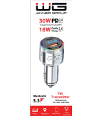 WG - Nabíječka do auta, Transmitter FM, USB-A QC 3.0 18W + USB-C PD 30W, stříbrná