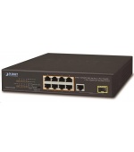 Planet FGSD-1011HP Switch, 8x 10/100 PoE, 1x TP + 1x SFP 1000Base-X, extend mód 10Mb, ESD, 802.3at 120W, fanless