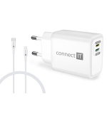 CONNECT IT Duplex nabíjecí adaptér 1xLightning, 1×USB-C, 20W, 1xLightning - USB-C kabel, bílá