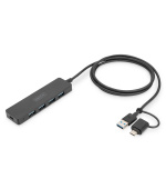 DIGITUS USB 3.0, Hub 4-Port, Slim Line with 120cm cable with USB-C adapterr