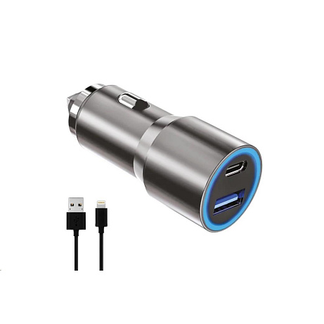 WG - Autonabíječka 2x USB 38 W, 1x USB-A + 1x USB-C, + kabel USB-A na Lightning, stříbrá