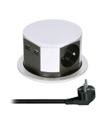 Solight výsuvný blok zásuvek, 3 zásuvky, 2x USB, kruhový tvar nízký, prodlužovací přívod 1,5m, 3 x 1mm2, stříbrný