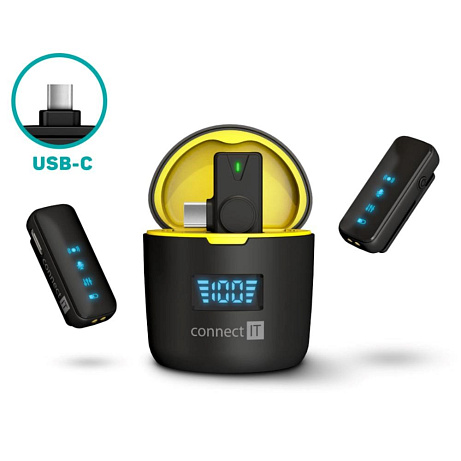 CONNECT IT Wireless mikrofon ClipMic Pro USB-C (2 ks + receiver) set s nabíjecím pouzdrem ČERNÝ
