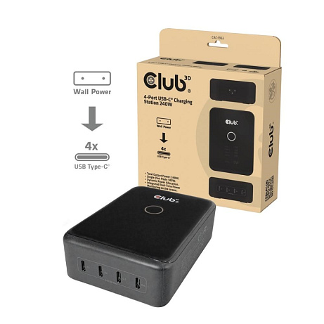 Club3D nabíječka 240W Charging Station GaN, 4xUSB-C, PPS + PD 3.1 Support + Led Display