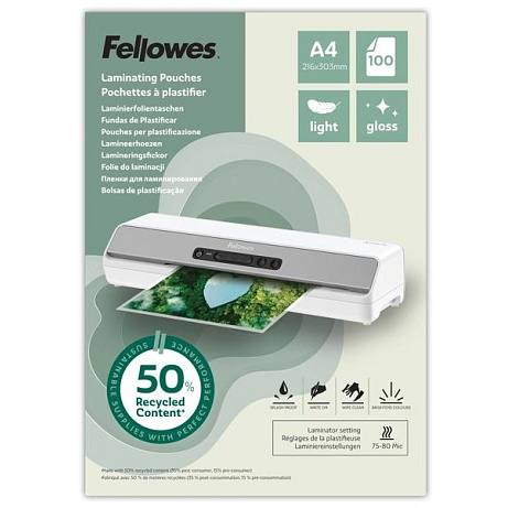 Laminovací fólie Fellowes A4 80 mic z recyklovaného materiálu (50%), lesklé
