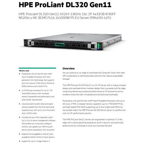 HPE PL DL320g11 6526Y (2.8/16C) 4x32G (p64706) 8SFF NS204(2x480Gm.2) VROC 2x1000W 2p10GT PerfFans Smart Choice